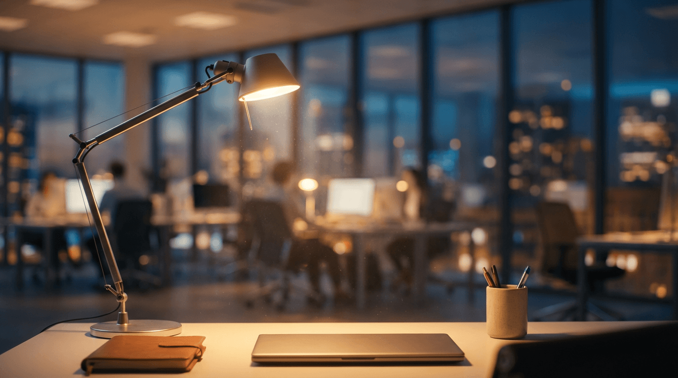 A darkly lit desk with a lamp shining on application documents and a passport